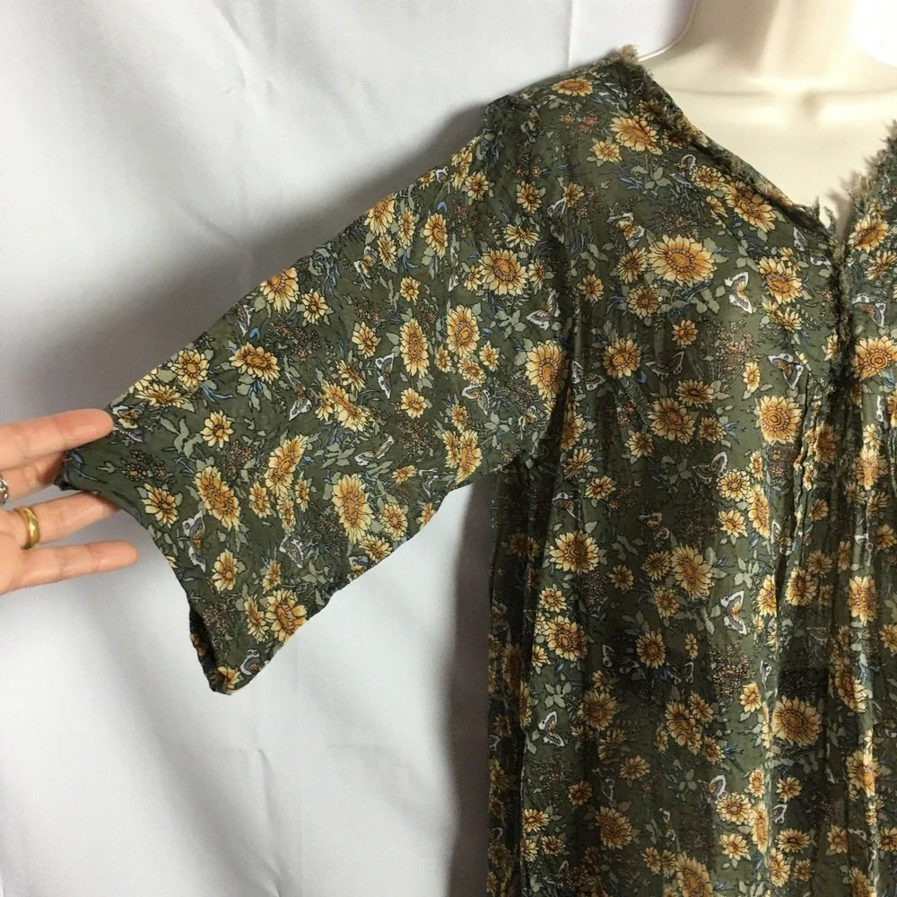 Natural Life Sunflower Butterfly Cotton Tunic Top L/XL Olive Green Boho Frayed
